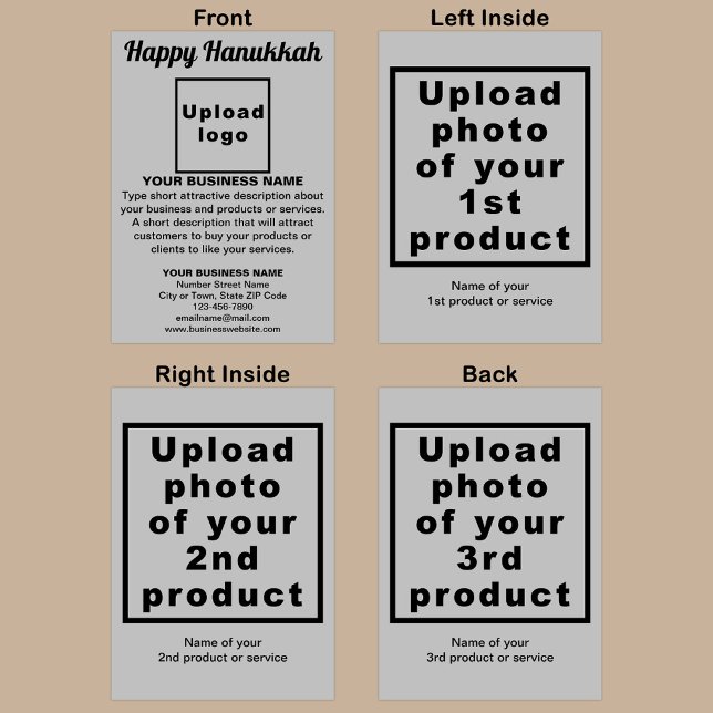 Cartão de Feriado de Cinza de Hanukkah de Negócios (Gray folded holiday card for Hanukkah with your business brand and products or services.)