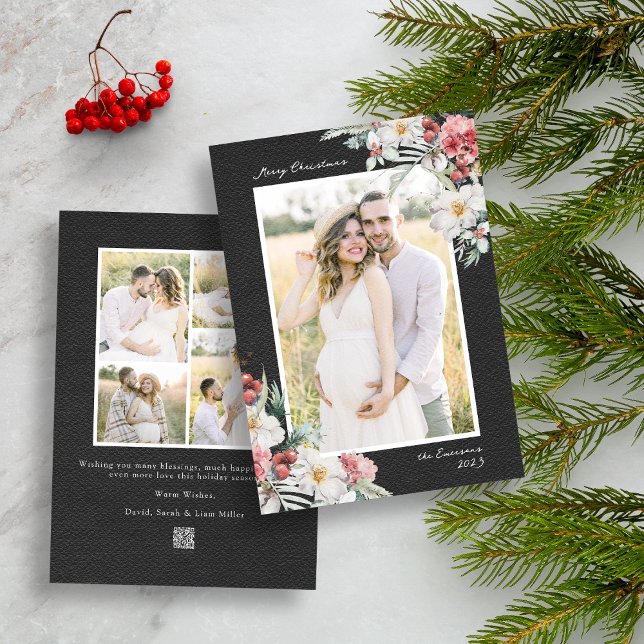 Cartão de Feriado de Colagem de Fotos de Natal Ele (Black Merry Christmas Photo Collage Holiday Card with Elegant Watercolor Botanical Florals Berries)