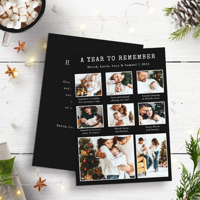 Cartão de Feriado de Foto de Ano Novo Preto (Black and White Holiday Year In Review Newsletter Photo Collage Card by Painted Paperie)