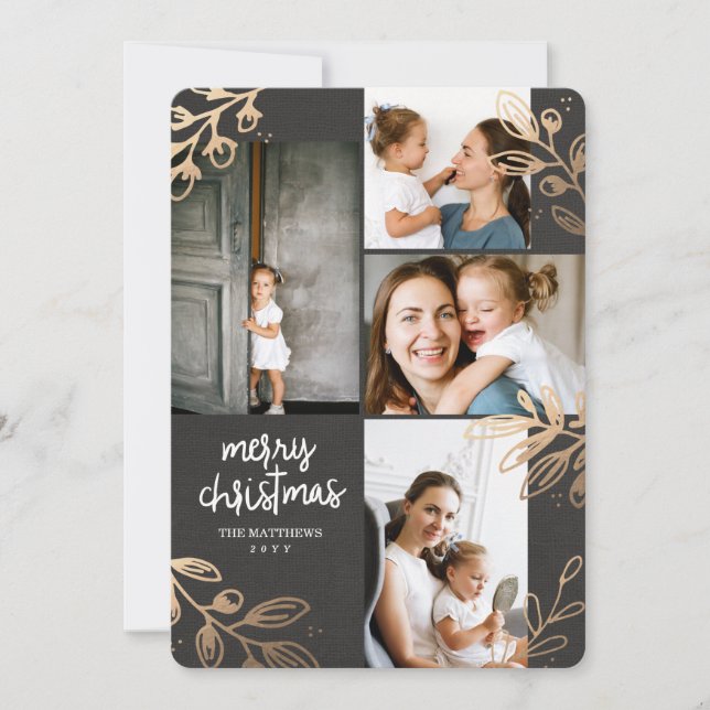 Cartão de Feriado de Foto Dourado Folha 4 (Frente)