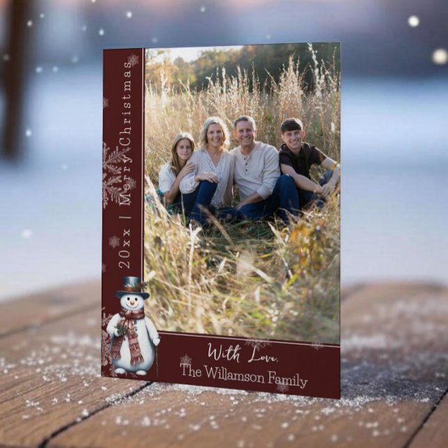 Cartão de Feriado de Foto Snowman de Sorriso Verme (Red Smiling Snowman Holiday Photo Card)