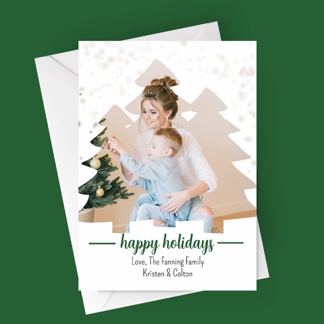 Cartão de Feriado de Fotografia de Saída de Árvore (Happy Holidays Tree Cut Out Family Photo Card)