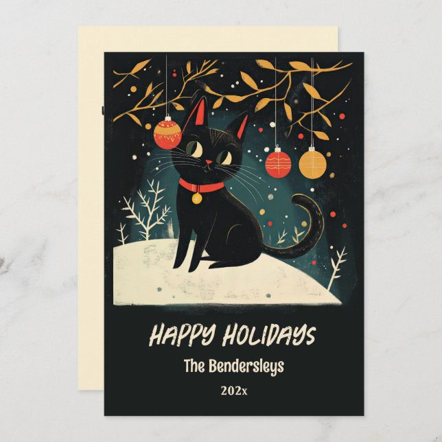 Cartão de Feriado de Gato Preto Retroativo (Frente/Verso)