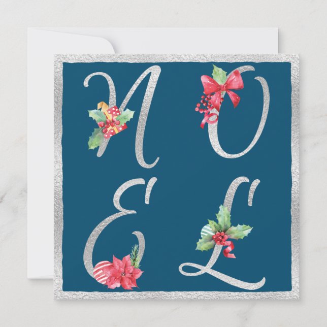 Cartão de Feriado de Holly Poinsettia Azul e Silve (Frente)