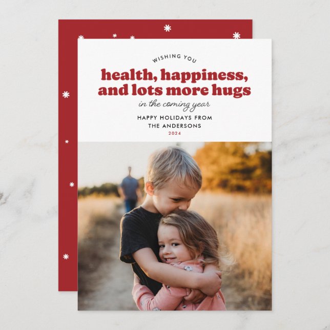 Cartão de Feriado de Muito Mais Hugs (Vermelho) (Frente/Verso)