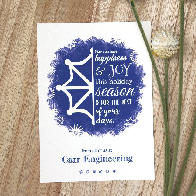 Cartão de Feriado de Negócios Azul, Branca em Floc (Blue Logo Company Holiday Christmas Greeting Card, Modern Snowflake Design)