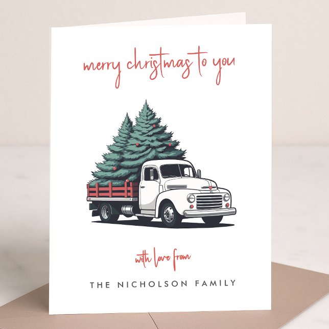 Cartão de Feriado Dobrável | Caminhão de Entrega d (A vintage inspired delivery truck folded holiday card design with retro festive flair)