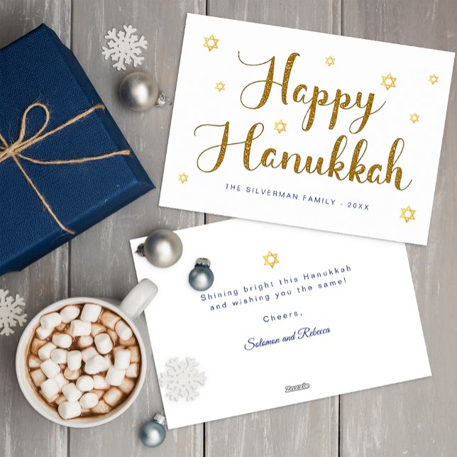 Cartão de Feriado Dourado de Script Feliz Hanukkah (Happy Hanukkah Flat Greeting Card)