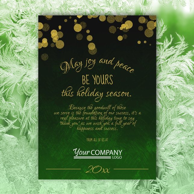 Cartão de Feriado Empresarial Verde Emerald (emerald green gold shimmer lights jewel tone company holiday card green business logo christmas card)