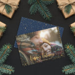 Cartão de feriado feliz Dourado<br><div class="desc">Douradas estrelas de feriado felizes 1 foto Cartão de Natal. Com um texto de script e um design de efeito ouro, a cor azul marinho de fundo pode ser alterada para se adequar ao seu estilo.</div>