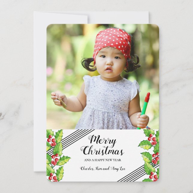 Cartão de Feriado Feliz Natal Holly (Frente)