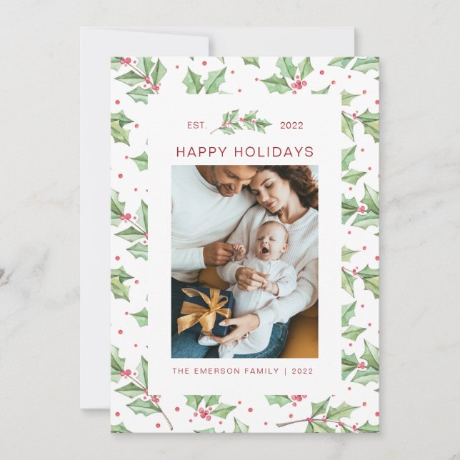 Cartão de Feriado Holly Berries, com Aquarela de N (Frente)
