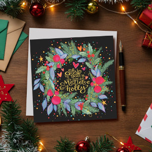 Cartão de Feriado Mistletoe Holly Wreath Inspirivi