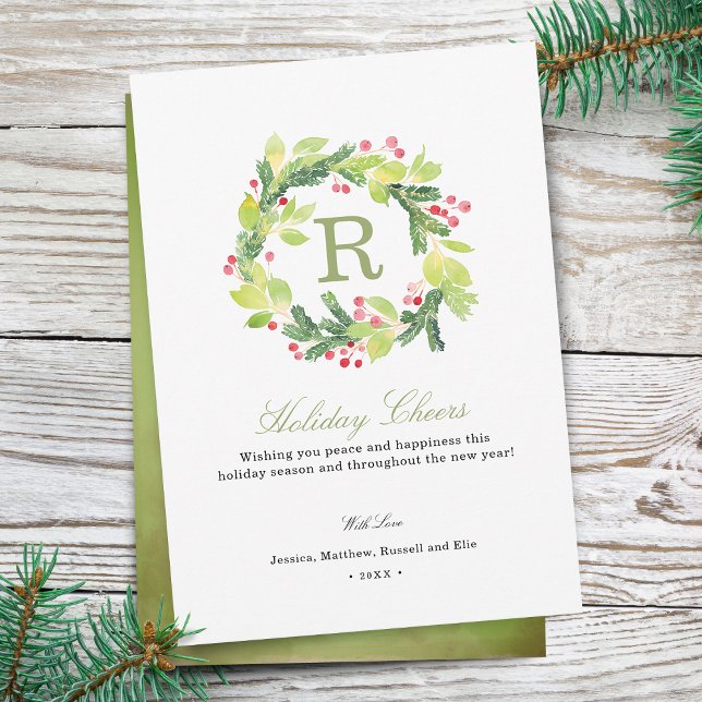 Cartão de Feriado Monograma de Cheias Feriais (Holiday Cheers Wreath Monogram Holiday Card)