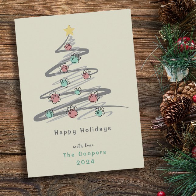 Cartão de Feriado para Impressão de Pata de Árvore (Happy Holidays! Festive Christmas Tree with cute paw print ornaments. Simple and modern Xmas card!)