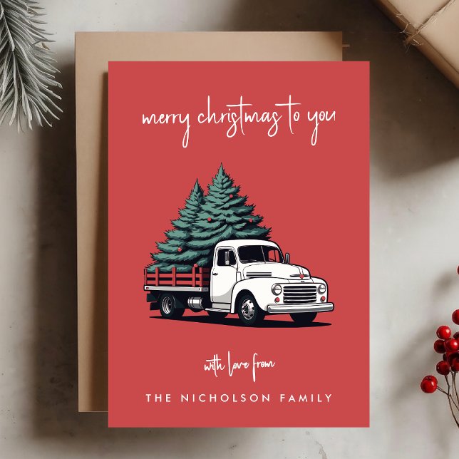 Cartão de Feriado Plano | Caminhão de Entrega de Á ( A vintage inspired delivery truck flat holiday card design with retro festive flair)