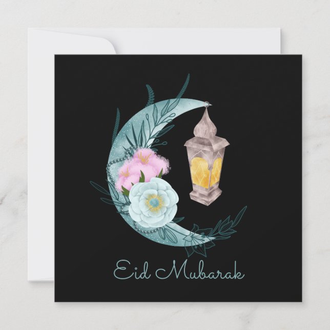 Cartão de Feriado Preto Eid Mubarak Crescent Eid C (Frente)