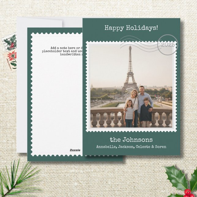 Cartão de Feriado Verde de Foto Quadrado do Cartaz (Nostalgic personalized photo holiday card with postage stamp border on green. Add a note to the back)