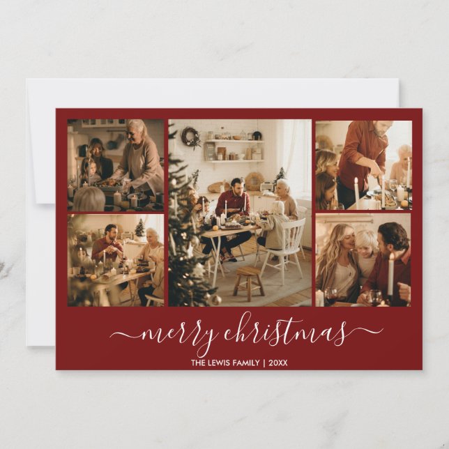 Cartão de Férias 5 Fotografias de Natal Red Merry (Frente)