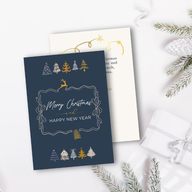 Cartão de Férias Azul com Laço Elegante e Árvores  (Elegant Bow & Chic Trees Doodle Blue Holiday Card)