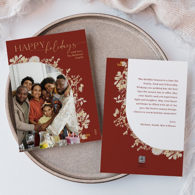 Cartão de Férias com Arco Floral Vermelho Dourado  (Criador carregado)