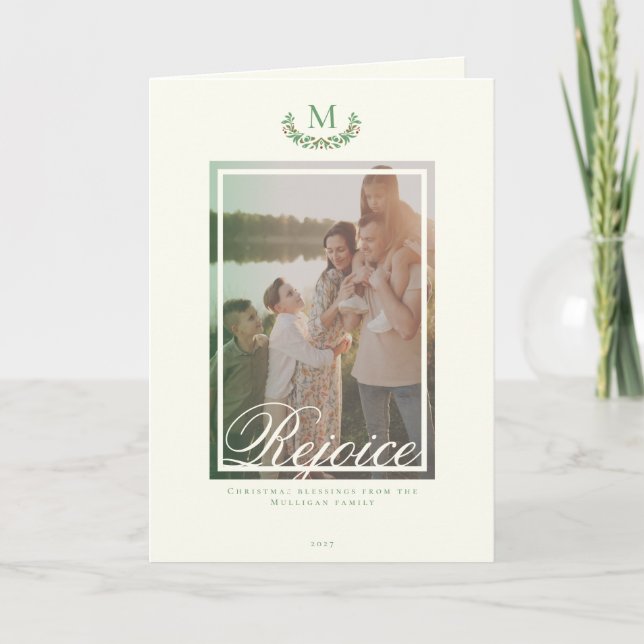 Cartão de Férias com Foto de Monograma Elegante (Frente)