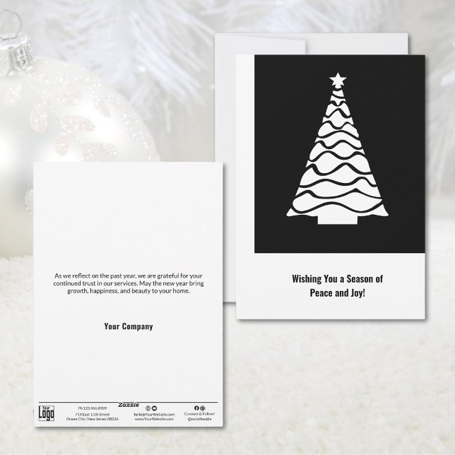 Cartão de Férias Comerciais da Árvore de Natal Pre (Black & White Christmas Tree Business Holiday Card)