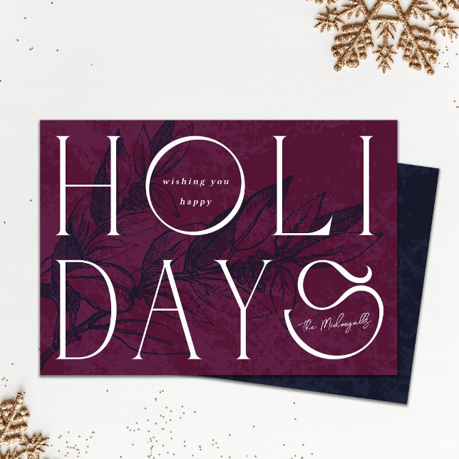 Cartão de Férias Comerciais Legais Feliz (Happy Holiday elegant burgundy holiday card shown on white background with gold snowflake ornaments )