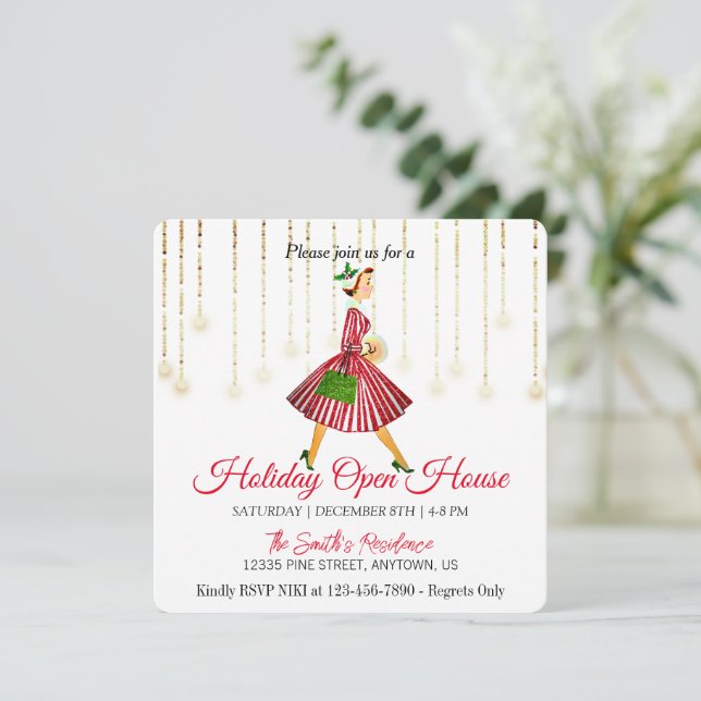 Cartão de Férias da Árvore de Natal da Retro-Lady (Em pé/Frente)