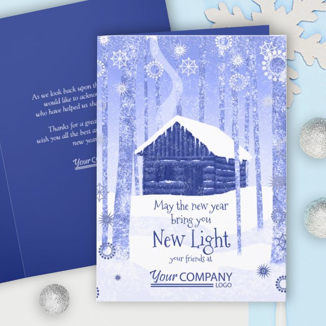 Cartão de Férias da Companhia Rustic Blue Log (blue logo company holiday greeting cards, blue Christmas cards, trees forest cabin in the snow)
