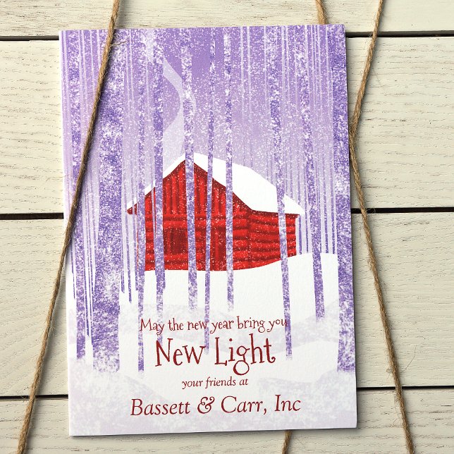 Cartão de Férias da Empresa do Logotipo Rustic Red (Red Logo Company Christmas Holiday Greeting Card, Rustic Red Log Cabin, Blue Wintery Forest)