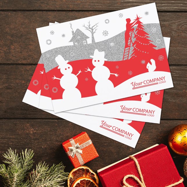 Cartão de Férias da Empresa Red & Silver Glitter (red silver company holiday greeting cards, logo'd red logo client business Christmas cards snowmen)