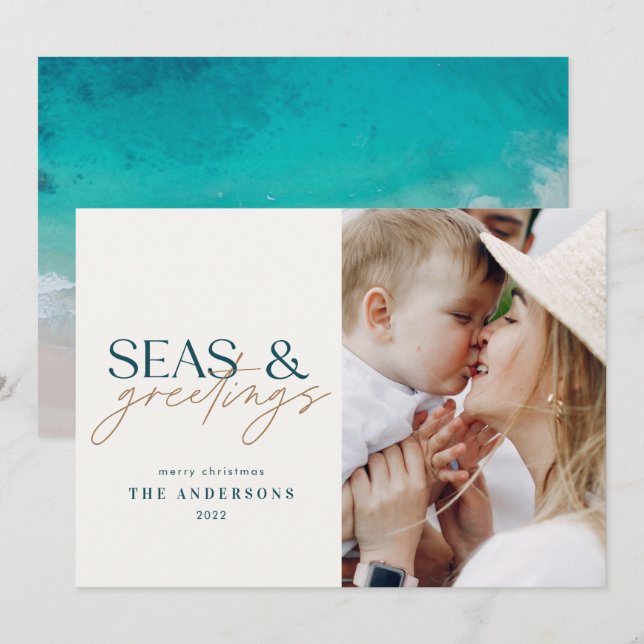cartão de férias da família de praia do oceano mod (Frente/Verso)