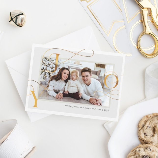 Cartão de Férias da Família Elegante Dourada "Joy" (Criador carregado)