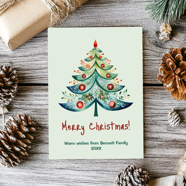 Cartão de férias da família Feliz Natal (Minimalist holiday magic: our watercolor tree card is the perfect festive touch 🌿❄️)