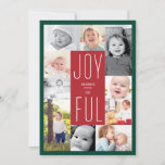 Cartão de Férias de 10 Fotografias Collage Joyful<br><div class="desc">Este cartão de fotos múltiplo oferece espaço para 10 fotos e um backer vermelho e branco listrado com a palavra Joyful no centro. Personalize-o com a colagem de fotos da sua família e adicione seus nomes e o ano. Personalize as cores para corresponder às suas fotos!</div>