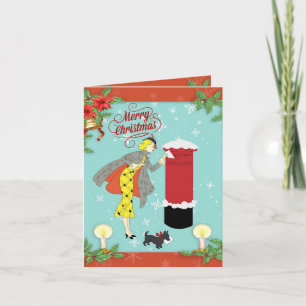 Cartão de Férias de Cão e Mulher do Estilo Retro d