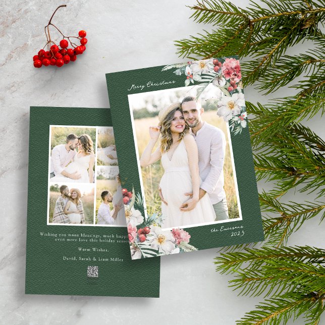 Cartão de Férias de Colagem de Fotos de Natal Eleg (Green Merry Christmas Photo Collage Holiday Card with Elegant Watercolor Botanical Florals Berries)