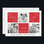 Cartão de Férias de Colagem de Fotos Vermelhas Paz<br><div class="desc">Cartão de férias minimalista com letra paz alegria amor vermelha,  colagem de 3 fotos e escrita personalizada. Personalize este cartão com 3 fotos e uma saudação personalizada.</div>