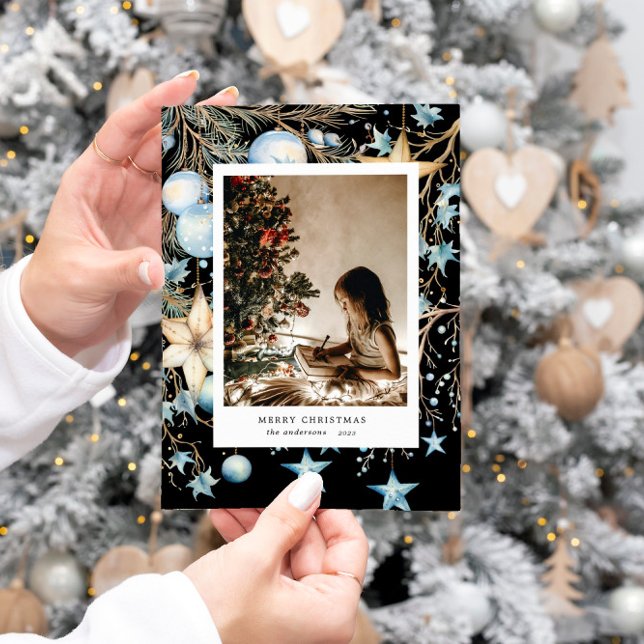 Cartão de Férias de Estrelas de Ornamentos Azuis (Criador carregado)