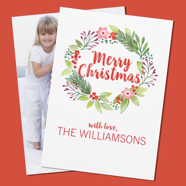 Cartão de Férias de Feriado da Frota de Natal Eleg (Add your family photo to this elegant watercolor wreath Christmas card.)