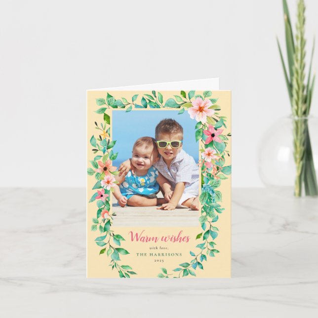 Cartão de Férias de Flores Tropicais com Desejos Q (Frente)