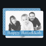 Cartão de Férias de Hanukkah Feliz Moderno<br><div class="desc">Limpo e moderno, este cartão tem um lugar para uma foto horizontal na frente coberta por um cartaz azul com as palavras "Feliz Chanucá" em branco. Personalize com o ano e sua própria saudação e nomes usando os modelos fáceis e fornecidos. O verso apresenta um padrão gráfico aloquente azul e...</div>