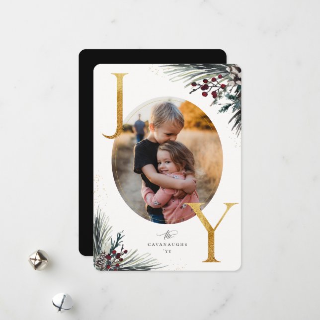 Cartão de Férias de Joy, Ouro Rustic Winter Boughe (Frente/Verso In Situ)