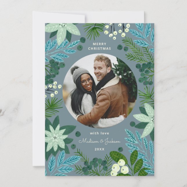 Cartão de Férias de Natal Azul Floral (Frente)