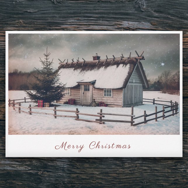 Cartão de Férias de Natal da Cena de Inverno da Vi (Vintage Cabin Winter Scene Christmas Holiday Card)