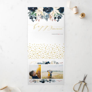 Cartão de Férias de Natal de Alegria Azul e Dourad