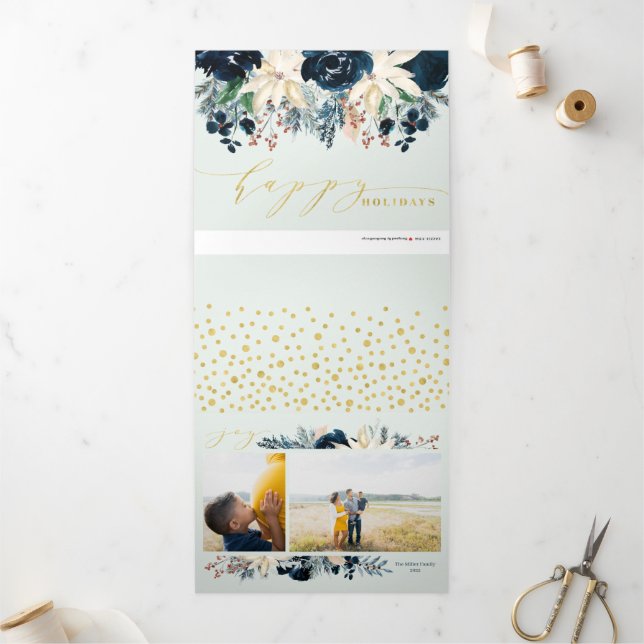 Cartão de Férias de Natal de Alegria Azul e Dourad (Fora)