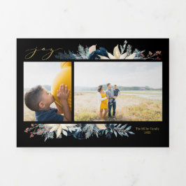 Cartão de Férias de Natal de Alegria Azul e Dourad