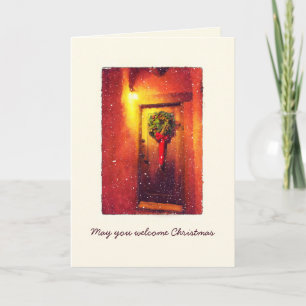 Cartão de Férias de Natal de Door Wreath Snowy